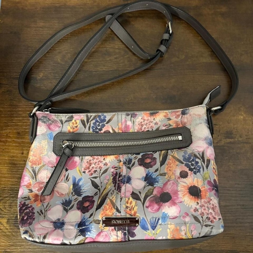 Rosetti Gray and Brightly Colored Floral Courte Mini‎ Crossbody Purse